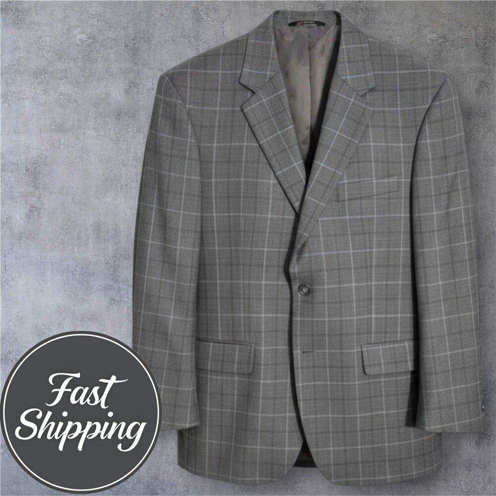 JOS A BANK Mens Blazer Sport Coat 2-Button Jacket 46R Gray Wool Windowpane Plaid